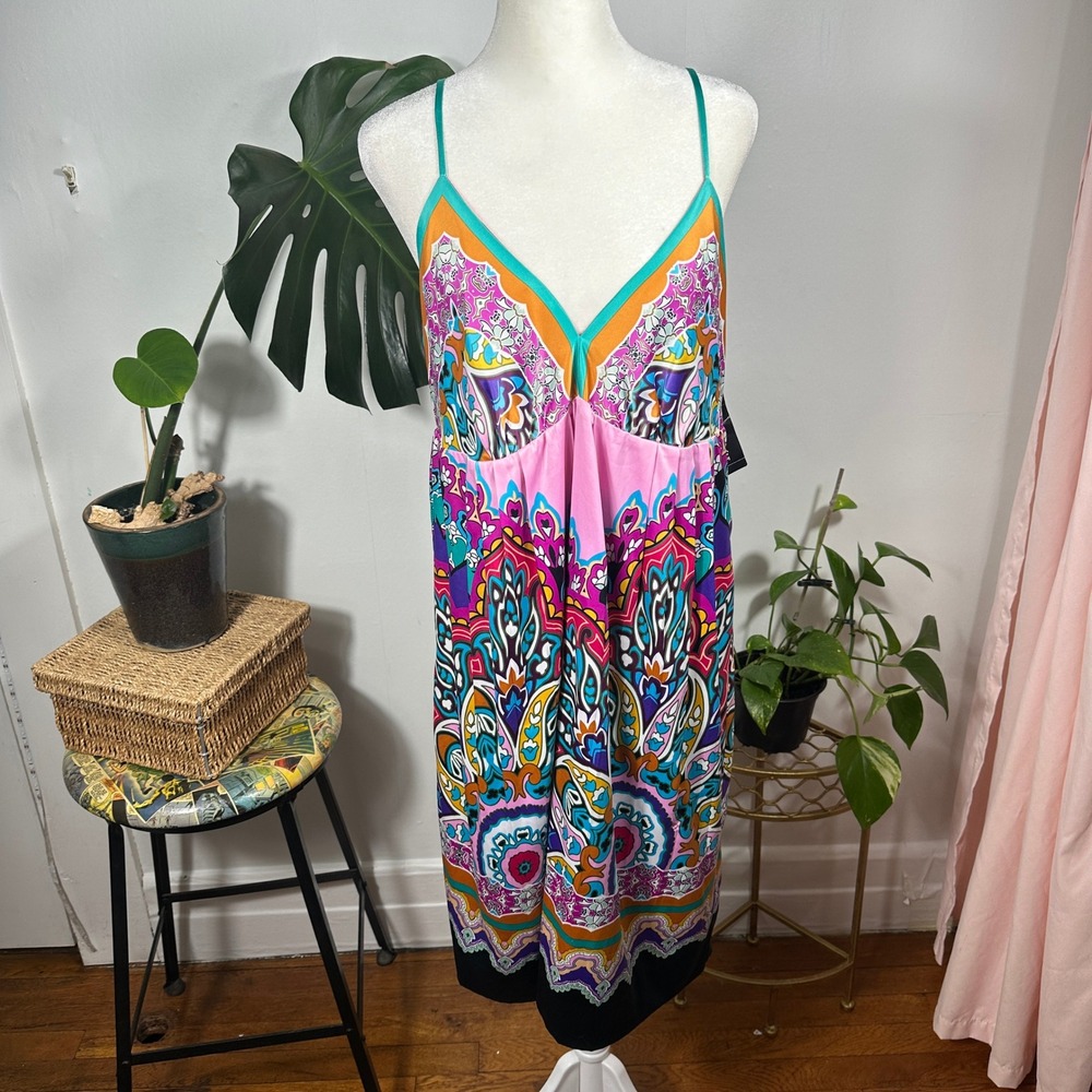 MIXIT Pink Purple Paisley Print Slip Dress Sleeveless Boho Midi Size 14